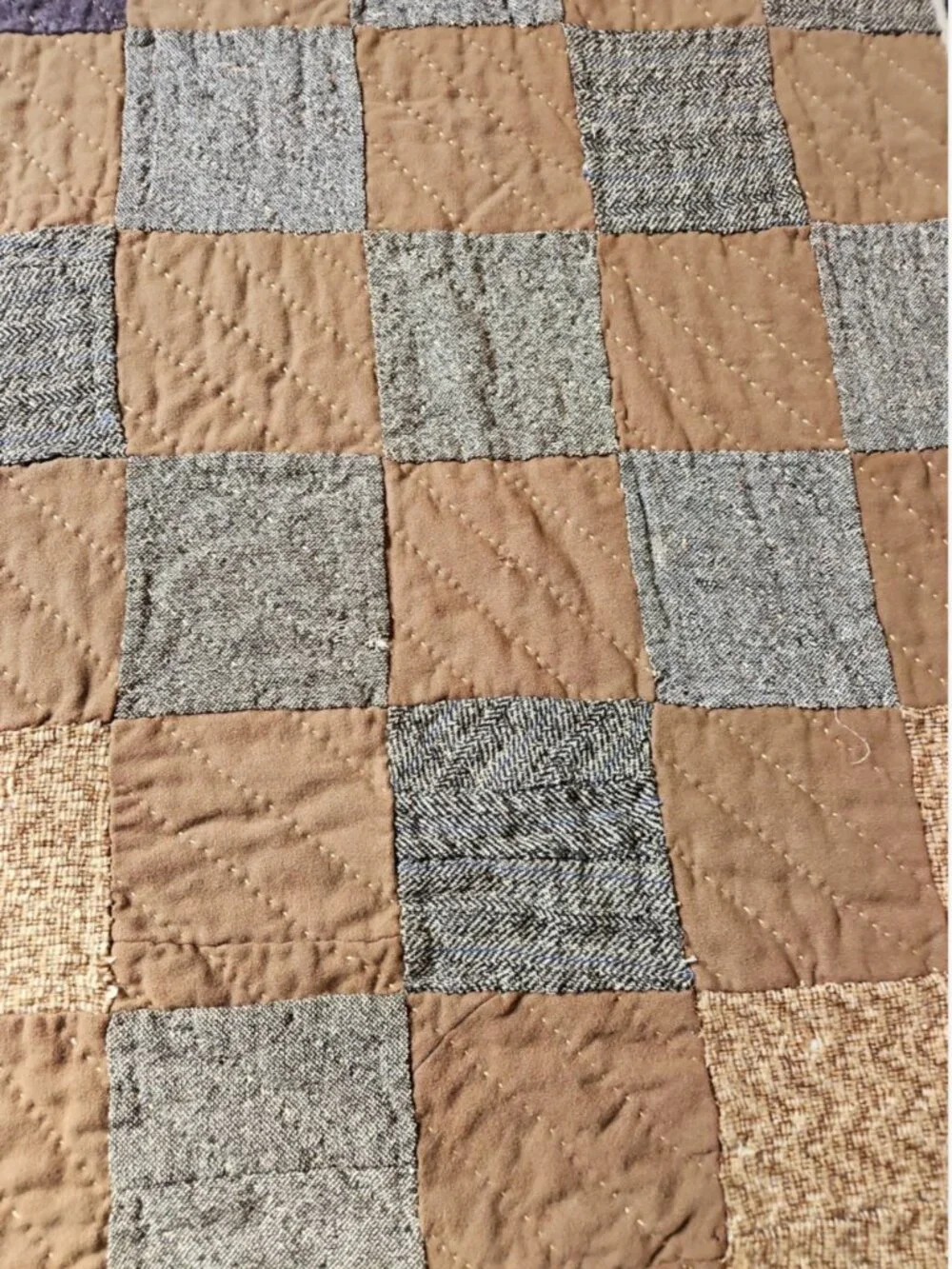 Antique 1920s Mens Wool Scrap Hand Sewn Quilt Stripe Ticking Back Yarn 58 x 75.5